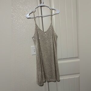 Mini champagne sequin dress with adjustable spaghetti straps